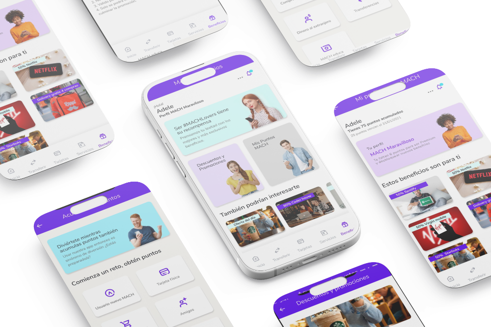 Stack de pantallas de la app MACH Fintech